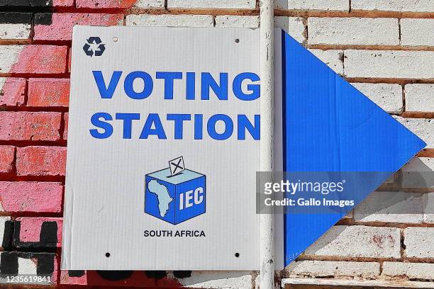 Voting station sign at the Dube and Orlando West voter registration station ahead of the 2021 Municipal Local Elections on September 18, 2021 in...