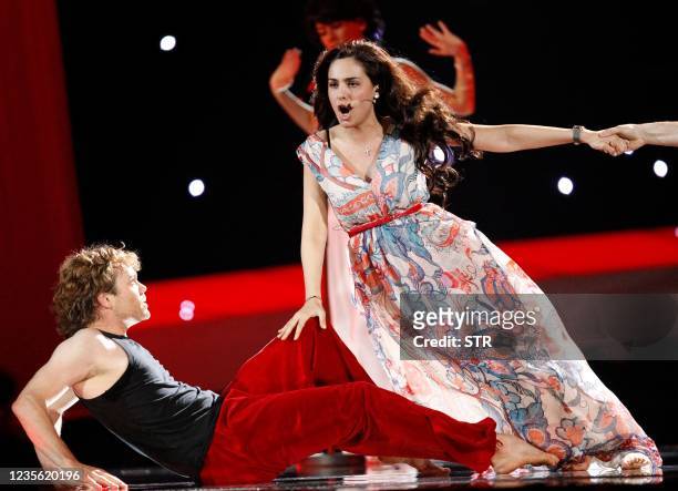 Sofia Nizharadze from Georgia sings "Shine" during the rehearsals ahead of the Eurovision Song Contest at Telenor Arena in Oslo on May 19,2010. The...
