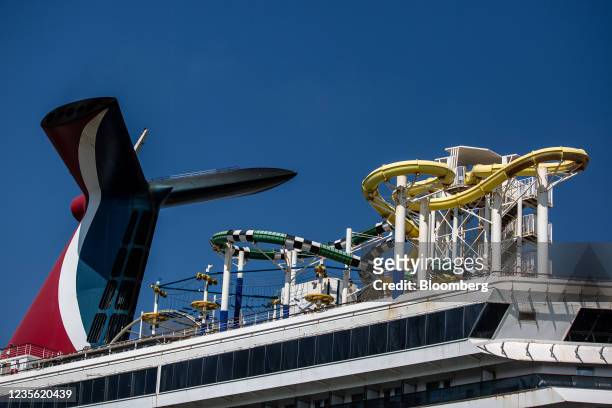 Water slide on top of the Carnival Radiance cruise ship, operated by Carnival Corp., during servicing at the Navantia SA shipyard in Cadiz, Spain, on...