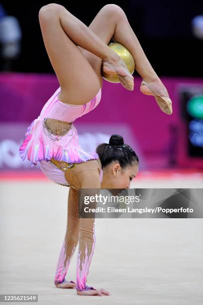 Son Yeon-jae representing South Korea competing with ball during the women's rhythmic individual all-around final on day 15 of the 2012 Summer...