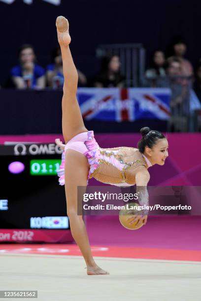 Son Yeon-jae representing South Korea competing with ball during the women's rhythmic individual all-around final on day 15 of the 2012 Summer...