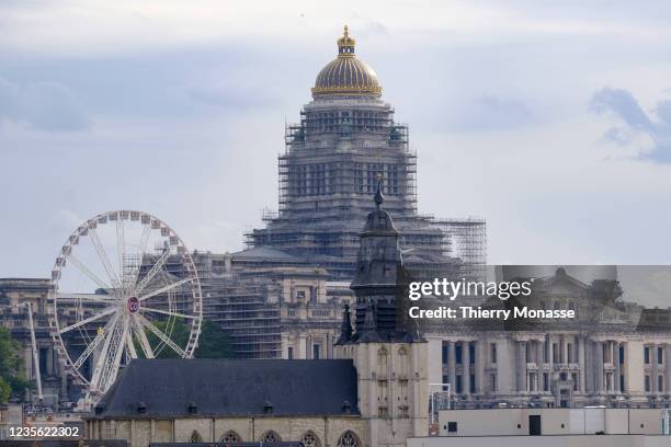 The Ferris Wheel and the Justice Palace of Brussels are seen from the 'Jardin Rooftop' on September 30, 2021 in Brussels, Belgium. The Big Wheel...