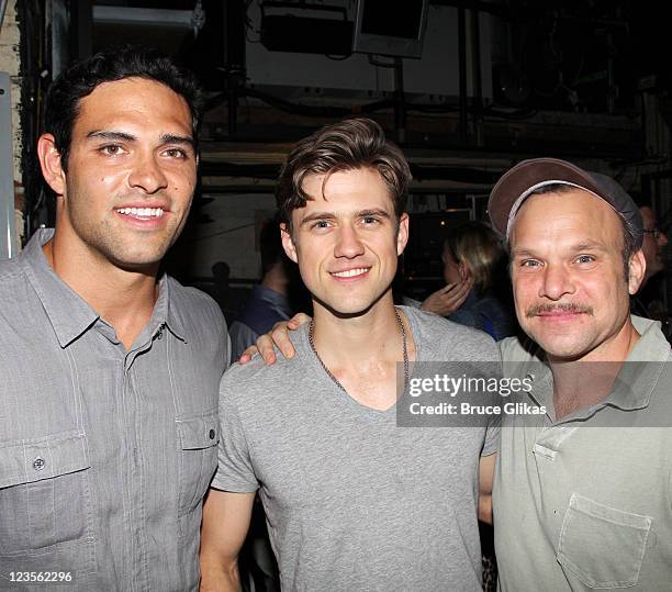 Mark Sanchez, Aaron Tveit and Norbert Leo Butz pose backstage at the hit musical "Catch Me If You Can" on Broadway at The Neil Simon Theater on June...