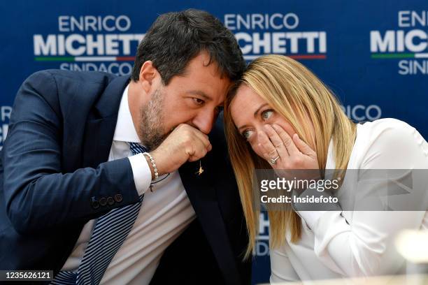 The leader of Lega right party Matteo Salvini and the leader of Fratelli d Italia right party Giorgia Meloni talk during an electoral campaign press...