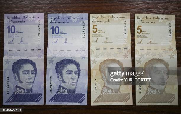 Picture of the new five and ten bolivar bank notes put into circulation by the Central Bank of Venezuela as part of the currency reconversion, taken...