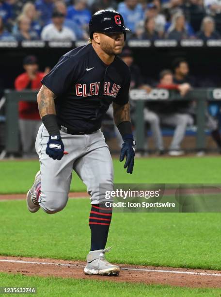 Cleveland Indians left fielder Harold Ramirez run to first after hitting a single during a Major League Baseball game between the Cleveland Indians...