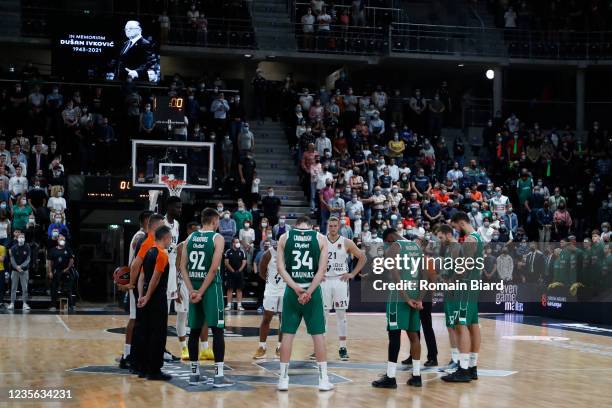 Minute of silence for Dusan Ivkovic in action during the Turkish Airlines EuroLeague Regular Season Round 1 match between LDLC Asvel Villeurbanne and...