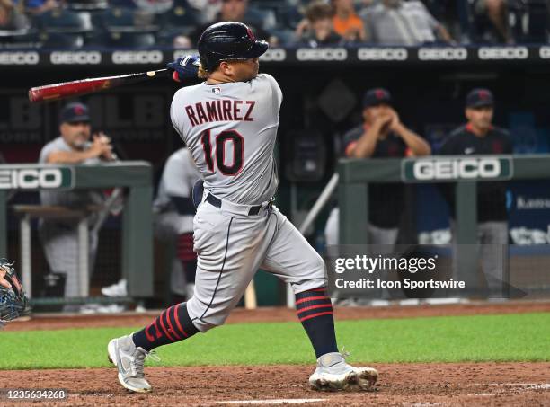 Cleveland Indians left fielder Harold Ramirez singles during a Major League Baseball game between the Cleveland Indians and the Kansas City Royals on...