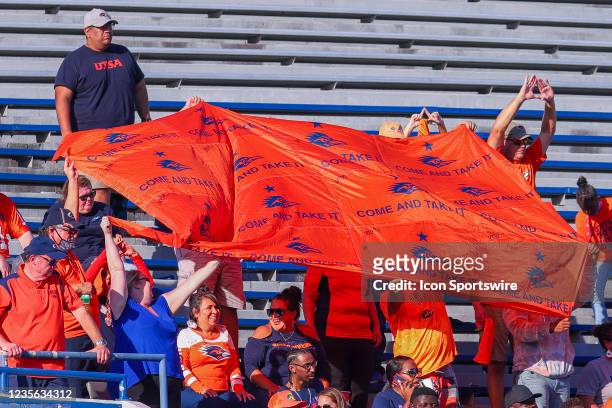 Roadrunner fans celebrate with a banner during the college football game between the Memphis Tigers and the UTSA Roadrunners on September 25 at...
