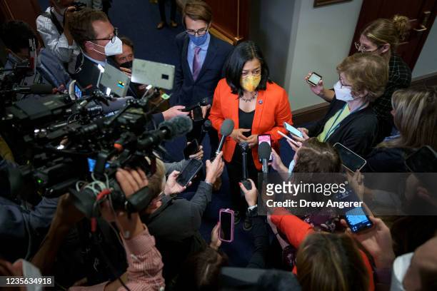 Chair of the Congressional Progressive Caucus Rep. Pramila Jayapal speaks to reporters after a closed-door meeting with fellow Progressive Democrats...