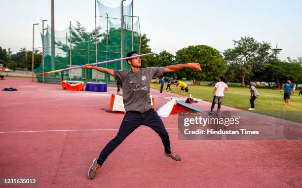 An athlete during a javelin throw training session at Jawahar Lal Nehru Stadium, on September 29, 2021 in New Delhi, India.