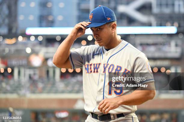 Luis Rojas of the New York Mets prior to the game against the Atlanta Braves at Truist Park on October 1, 2021 in Atlanta, Georgia.