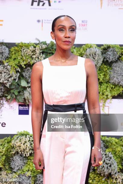 German TV host Hadnet Tesfai attends the Lola - German Film Award red carpet at Palais am Funkturm on October 1, 2021 in Berlin, Germany.