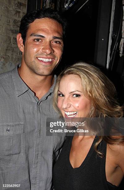 Mark Sanchez and Katie Webber pose backstage at the hit musical "Catch Me If You Can" on Broadway at The Neil Simon Theater on June 3, 2011 in New...