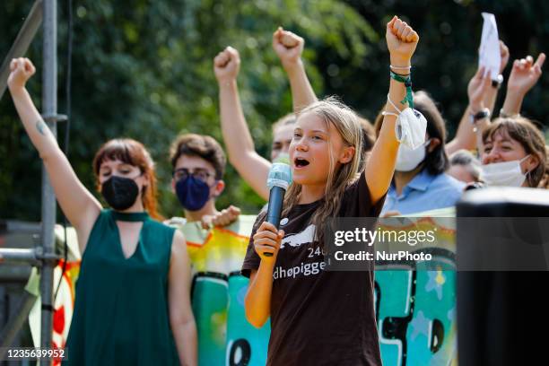 Milano, Italy The Swedish climate activist Greta Thunberg speaks to the people during Fridays for Future Student strike held in Milan. The event took...