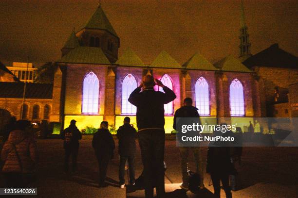 Videomaping projecting on Essen dom during the Essen light festival opening day on Oct 1, 2021