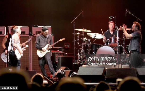 Mike McCready Josh Klighoffer, Matt Cameron and Eddie Vedder of Pearl Jam perform onstage during the 2021 Ohana Music Festival on October 1, 2021 in...