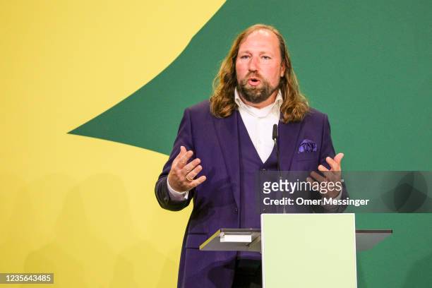 Co-chair of the German Green Party's parliamentary group Anton Hofreiter delivers a speech during a meeting of the Greens Party states council on...