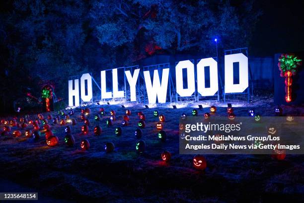 Calabasas, CA The Hollywood sign becomes the Halloween sign at the Nights of the Jack carved pumpkin event featuring thousands of pumpkins at King...