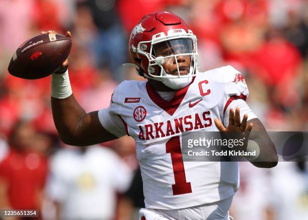 Jefferson of the Arkansas Razorbacks rolls out to pass in the first half against the Georgia Bulldogs at Sanford Stadium on October 2, 2021 in...