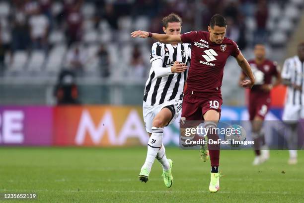 Sasa Lukic of Torino FC and Adrien Rabiot of Juventus FC battle for the ball during the Serie A match between Torino FC and Juventus at Stadio...