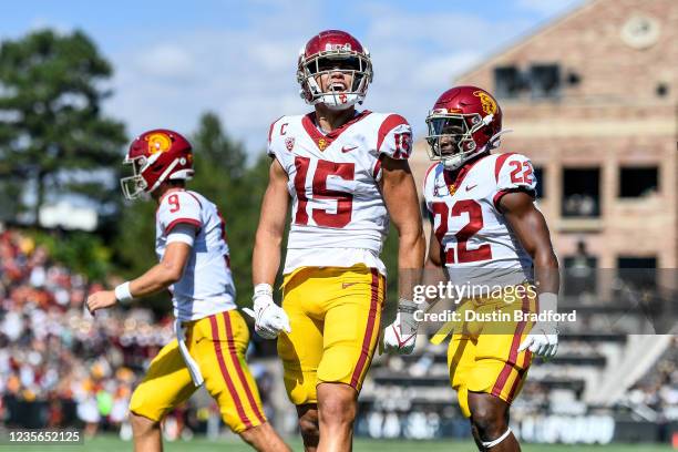 Wide receiver Drake London of the USC Trojans celebrates after a first quarter touchdown catch against the Colorado Buffaloes at Folsom Field on...