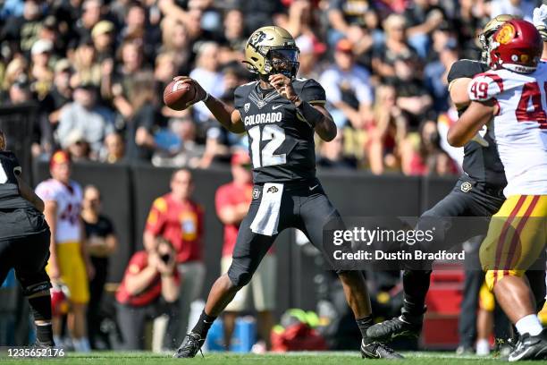 Quarterback Brendon Lewis of the Colorado Buffaloes passes against the USC Trojans in the first quarter of a game at Folsom Field on October 2, 2021...