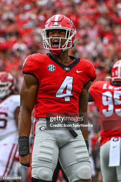 Georgia Bulldogs linebacker Nolan Smith celebrates a big play during the NCAA football game between the Arkansas Razorbacks and Georgia Bulldogs on...