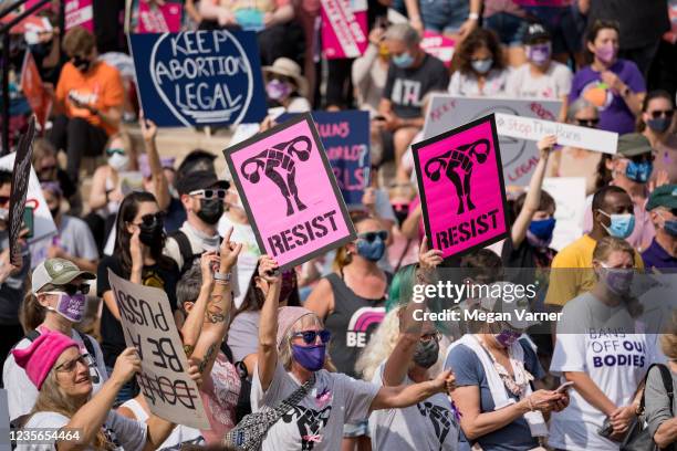Demonstrators rally in support of women's reproductive rights at the Georgia State Capitol on October 2, 2021 in Atlanta, Georgia. The Women's March...