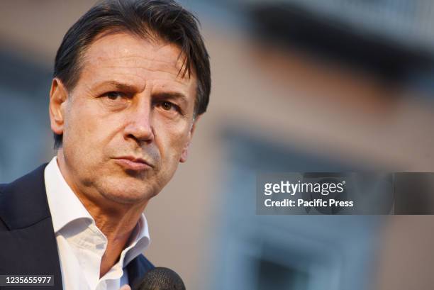 Giuseppe Conte leader of Movimento Cinque Stelle gives a speech in Piazza Dante, to support the mayoral candidate of left coalition Gaetano Manfredi...