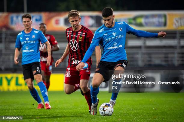 Ludvig Fritzson of Ostersunds FK and Edvin Kurtulus of Halmstads BK during the Allsvenskan match between Halmstads BK and Ostersunds FK on October 2,...