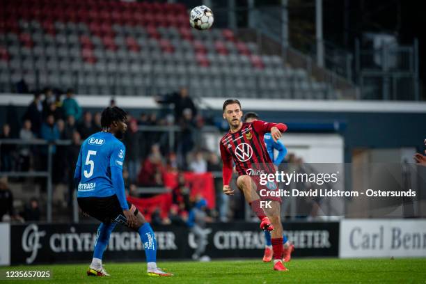 Felix Horberg of Ostersunds FK during the Allsvenskan match between Halmstads BK and Ostersunds FK on October 2, 2021 in Halmstad, Sweden.