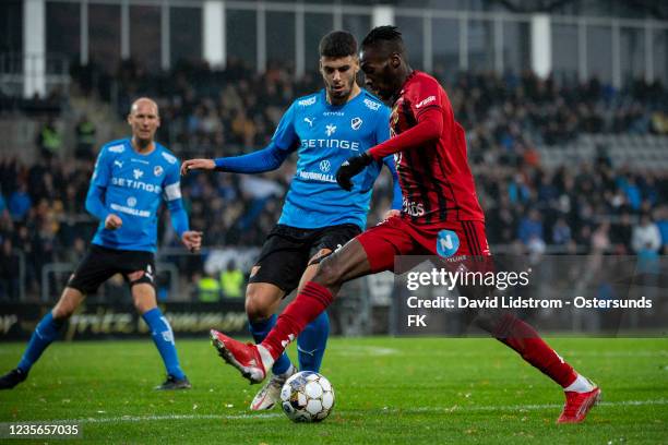 Blair Turgott of Ostersunds FK and Amir Al Ammari of Halmstads BK during the Allsvenskan match between Halmstads BK and Ostersunds FK on October 2,...