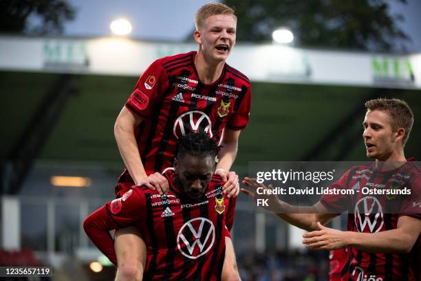 Malcolm Stolt of Ostersunds FK and Blair Turgott of Ostersunds FK celebrates after scoring the 1-1 goal during the Allsvenskan match between...