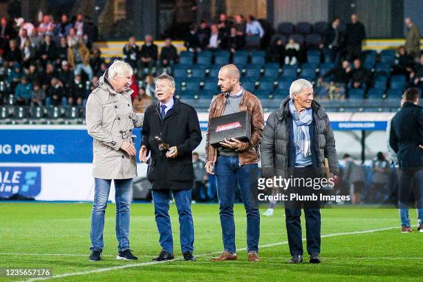 Manager Marc Brys of OH Leuven receiving the Raymond Goethals Trophy ahead of the Jupiler Pro League match between OH Leuven and K Beerschot VA at...