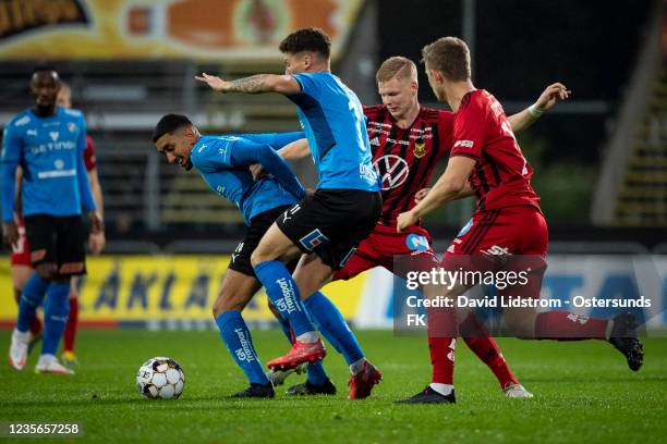 Amir Al Ammari of Halmstads BK and Malcolm Stolt of Ostersunds FK during the Allsvenskan match between Halmstads BK and Ostersunds FK on October 2,...