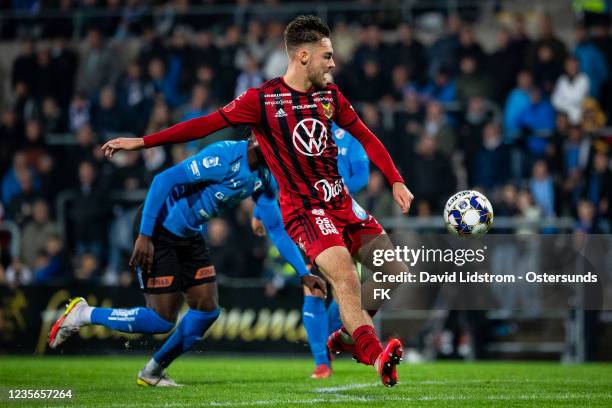 Felix Horberg of Ostersunds FK during the Allsvenskan match between Halmstads BK and Ostersunds FK on October 2, 2021 in Halmstad, Sweden.