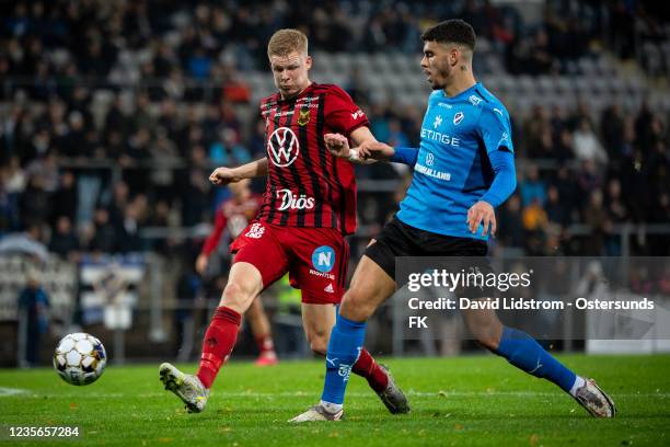 Malcolm Stolt of Ostersunds FK and Edvin Kurtulus of Halmstads BK during the Allsvenskan match between Halmstads BK and Ostersunds FK on October 2,...