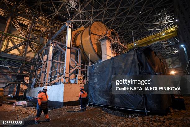 This photograph taken on September 27, 2021 shows an interior view of the Udokan copper industrial complex under construction in eastern Siberia's...