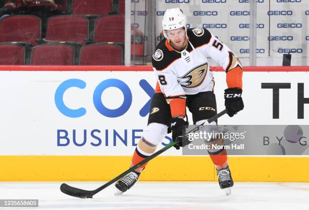 Brogan Rafferty of the Anaheim Ducks warms up during pregame against the Arizona Coyotes at Gila River Arena on October 02, 2021 in Glendale, Arizona.