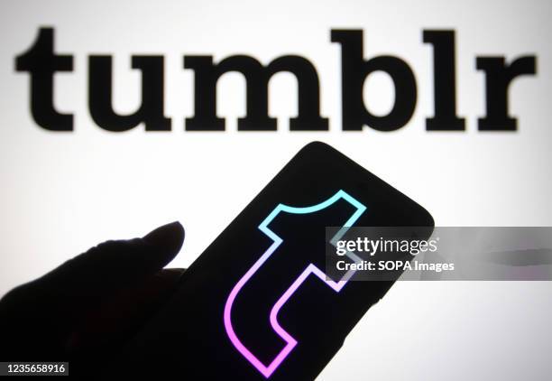 In this photo illustration a Tumblr logo of a microblogging and social networking website is seen on a smartphone and a pc screen.