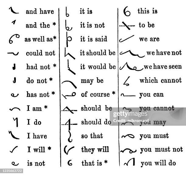 old engraved illustration of different types of shorthand - stenographie stock-fotos und bilder