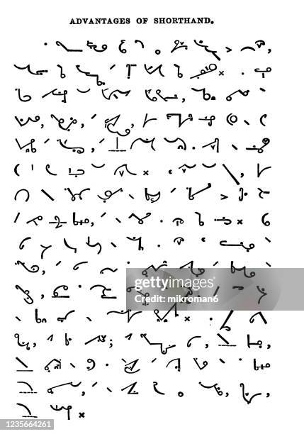 old engraved illustration of different types of shorthand - advantages of shorthand - shorthand stock pictures, royalty-free photos & images