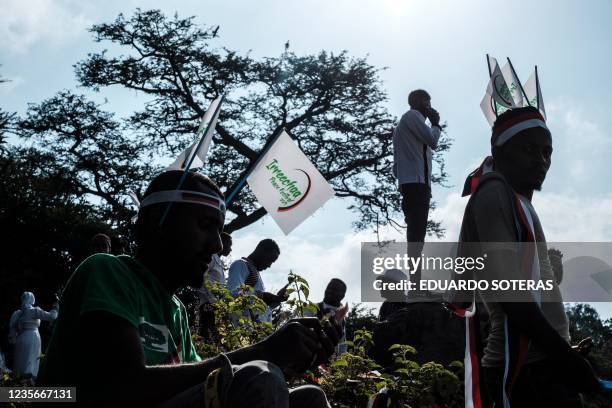 Vendors sell flags during the celebration of Irreechaa, the Oromo people thanksgiving holiday, on the shore of a lake near the city of Bishoftu,...