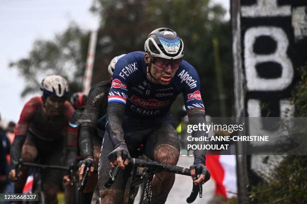 Alpecin - Fenix Mathieu Van Der Poel from Netherlands competes in the 118th edition of the Paris-Roubaix one-day classic cycling race, between...