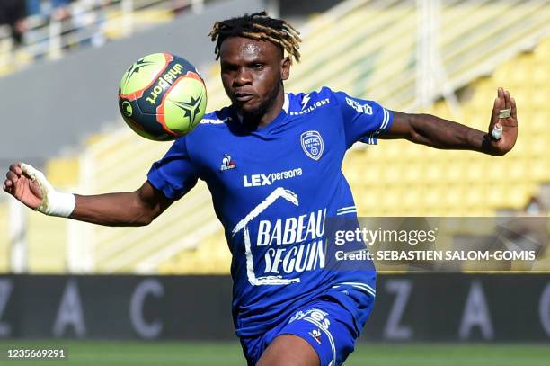 Troyes' Malian midfielder Rominigue Kouame controls the ball during the French L1 football match between Nantes and Troyes at La Beaujoire stadium in...