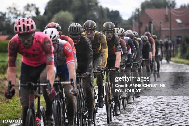 Jumbo - Visma Wout Van Aert from Belgium competes during the 118th edition of the Paris-Roubaix one-day classic cycling race, between Compiegne and...