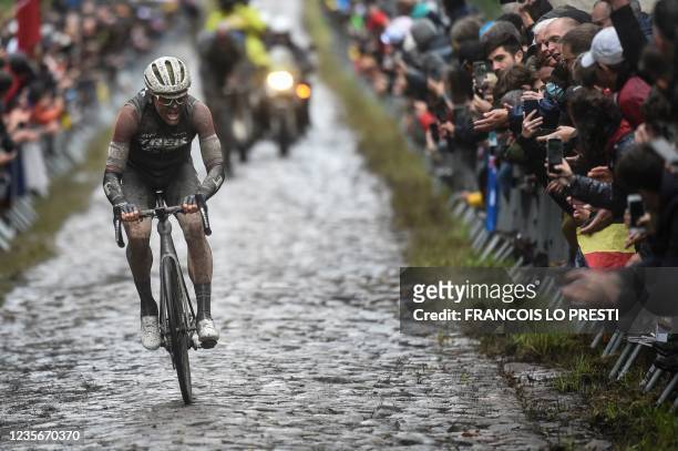 Trek - Segafredo Mads Pedersen from Denmark competes in the 118th edition of the Paris-Roubaix one-day classic cycling race, between Compiegne and...