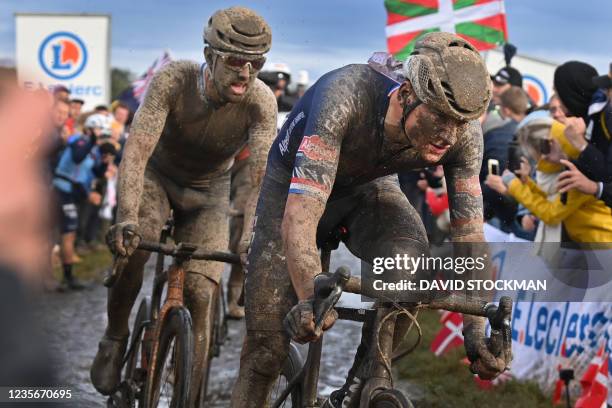 Italian Sonny Colbrelli of Bahrain Victorious and Dutch Mathieu van der Poel of Alpecin-Fenix pictured in action during the men elite race of the...