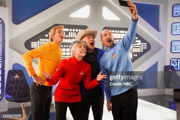 Owen Wilson" Episode 1806 -- Pictured: Andrew Dismukes as Oliver Daemen, Heidi Gardner as Wally Funk, host Owen Wilson as Jeff Bezos, and Luke Wilson...